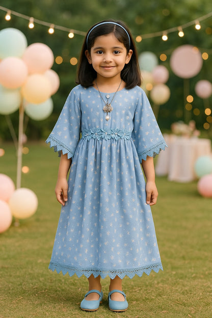 Girls Floral Print Kimono Sleeve Fit and Flare Frock Dress