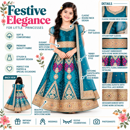 Girls Ethnic Wear Embroidered Ghagra Choli Dupatta Set