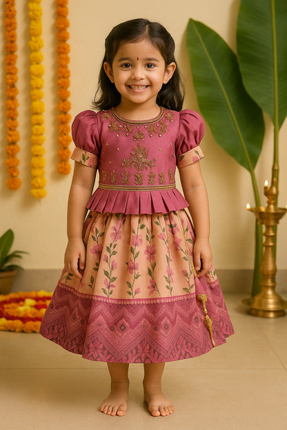 Girls Bead Embellished Printed Silk Ethnic Dress
