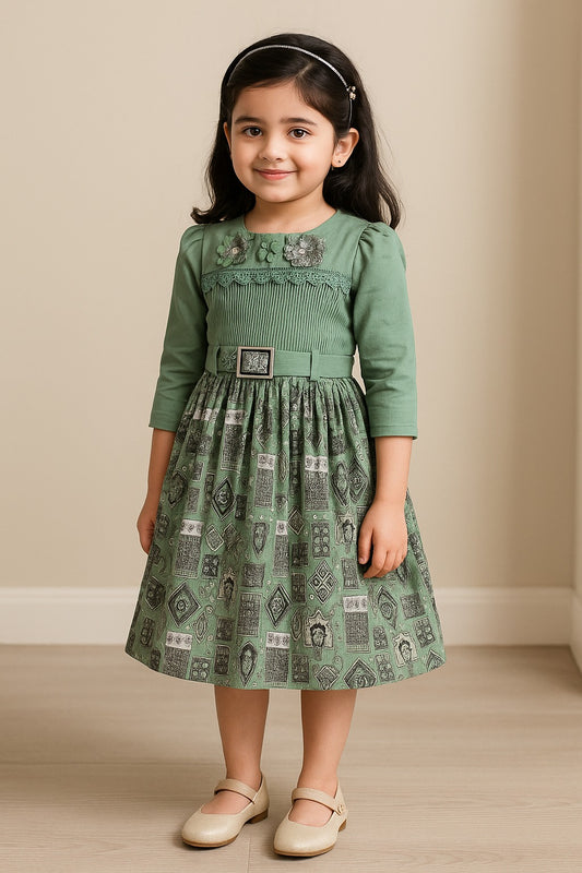 Girls Floral Print Casual Dress with Belt