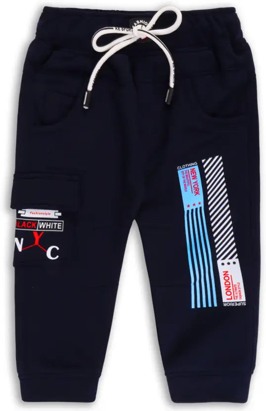 Boys Navy Printed Cotton Blend Jogger Pants