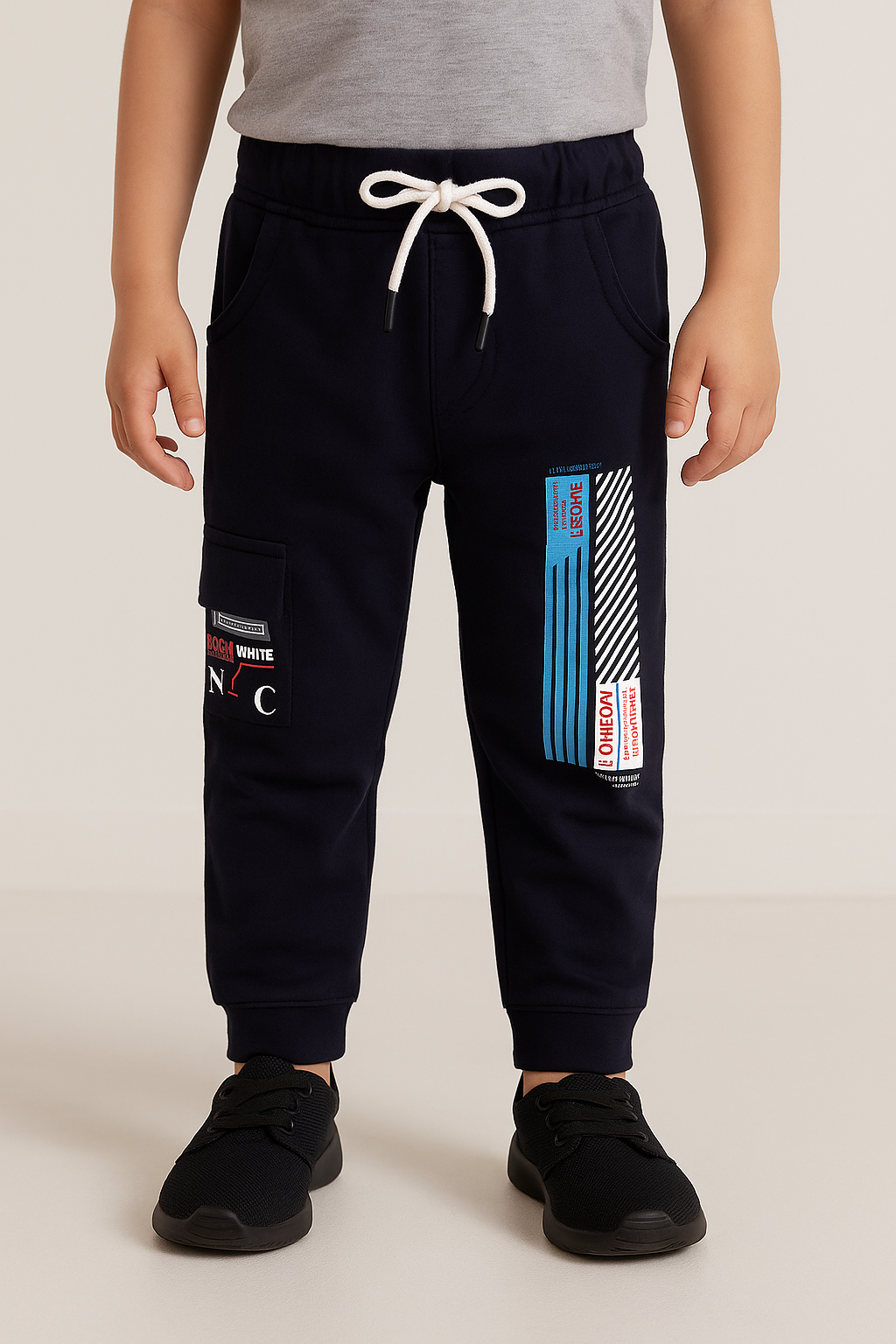 Boys Navy Printed Cotton Blend Jogger Pants
