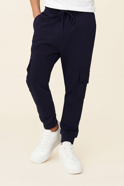 Boys Solid Cotton Cargo Trousers With Drawstrings