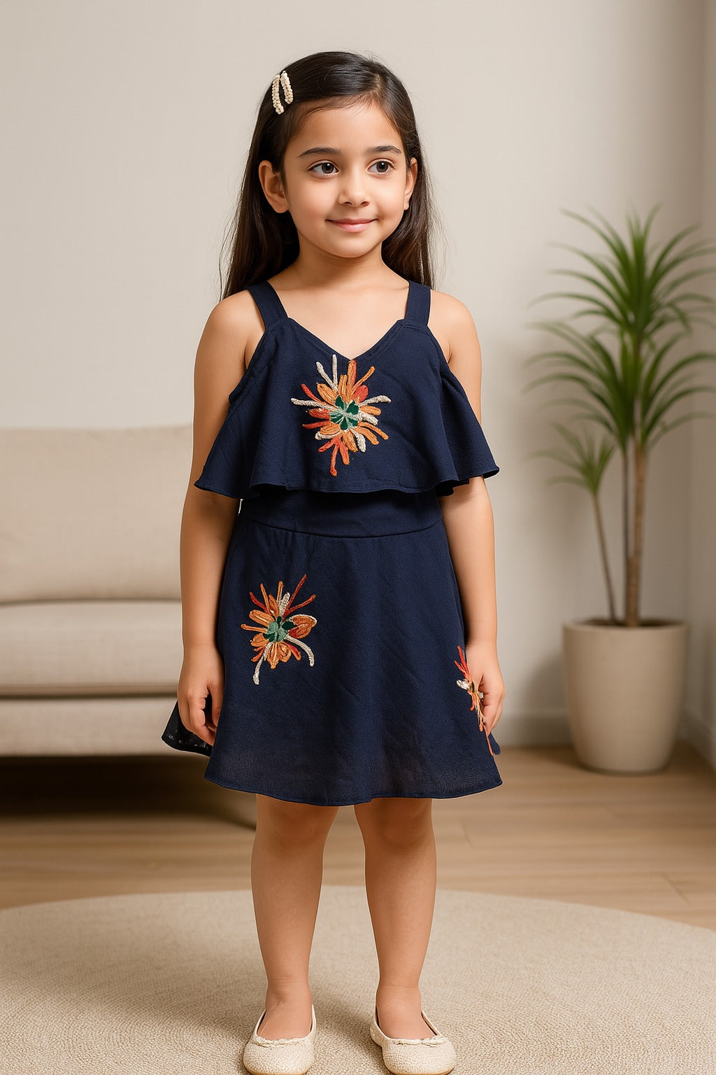 Baby Girls Navy Blue Embroidered Overlay Dress
