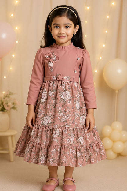 Girls Floral Print 3/4th Sleeve Fit and Flare Frock Dress