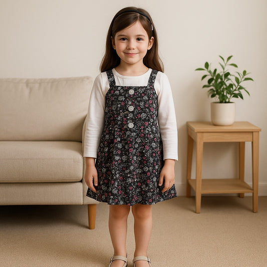 Girls Floral Print Full Sleeve Top and Dungaree Set