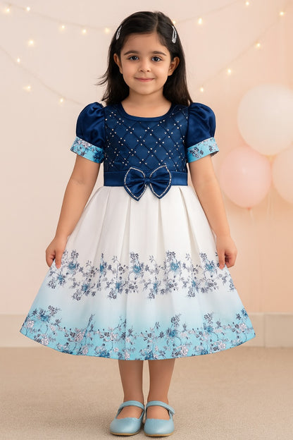 Girls Floral Embellished Bow Detail Pleated Satin Dress