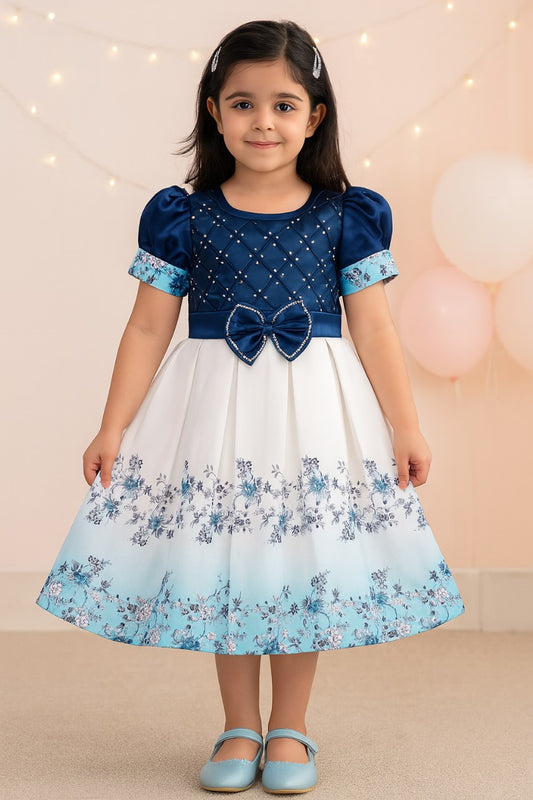 Girls Floral Embellished Bow Detail Pleated Satin Dress