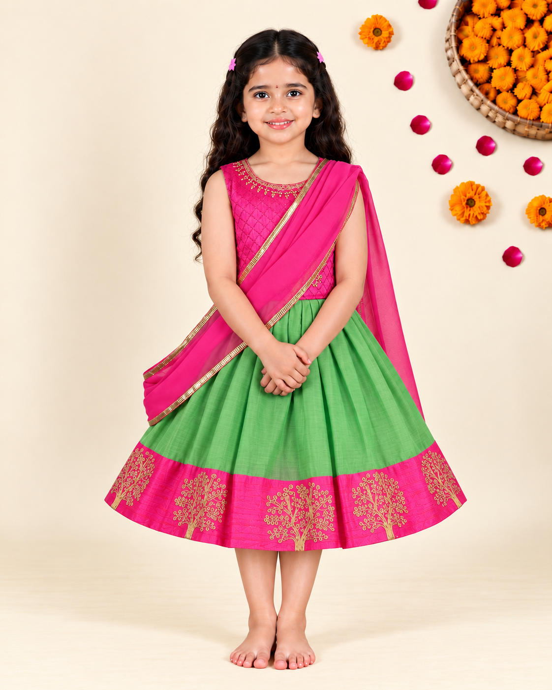 Girl's Ethnic Lehenga Choli Dress with Dupatta – Pink & Green Traditional dress