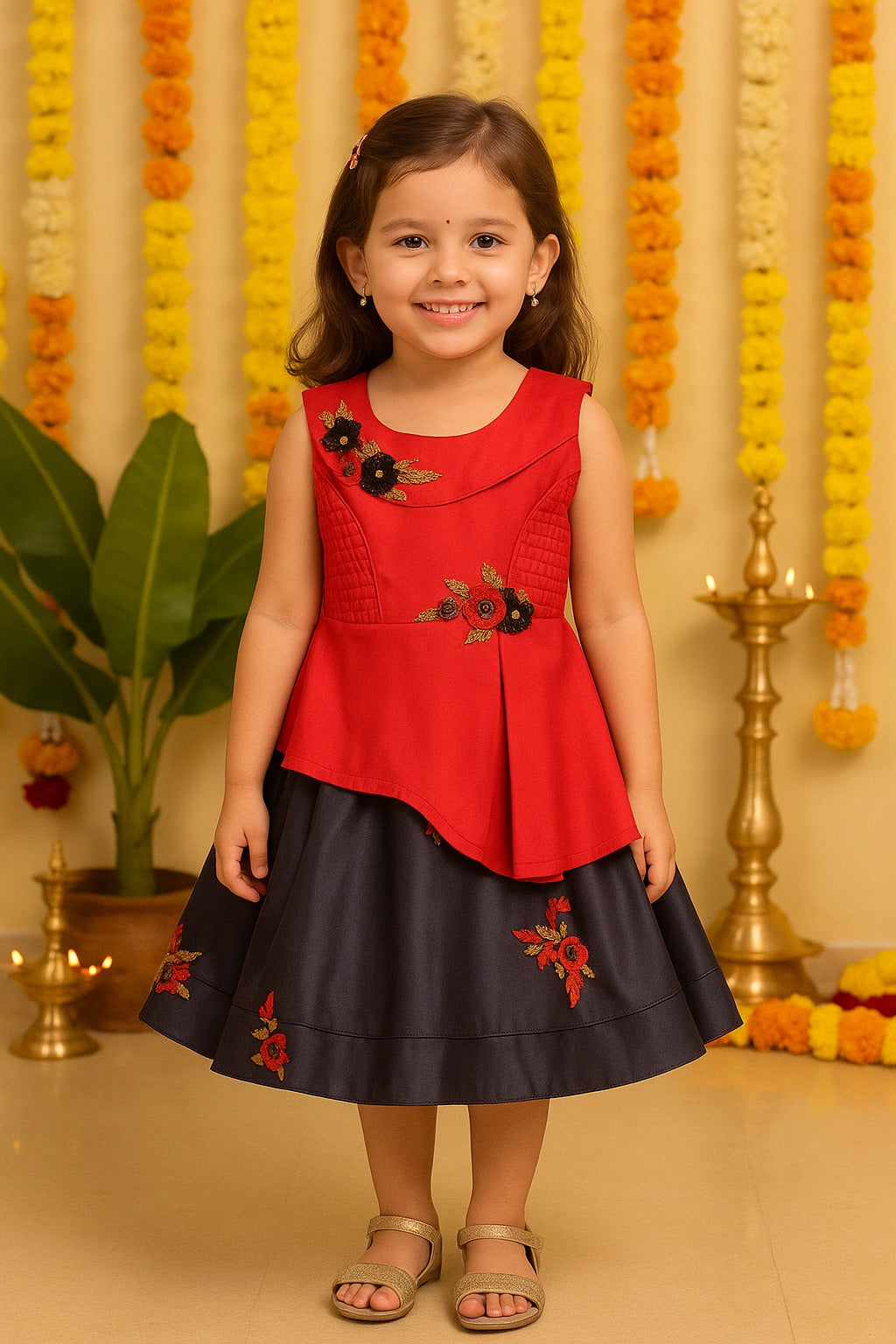 Girls Floral Embroidered Layered Ethnic Dress