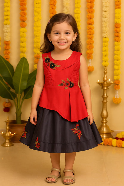 Girls Floral Embroidered Layered Ethnic Dress