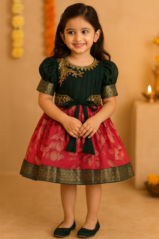 Girls Bead Embellished Floral Zari Ethnic Dress fep3529
