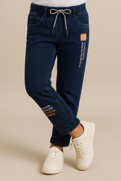 Boysâ€™ Denim Regular Pants with Drawstring Waist & Printed Pattern â€“ Full Length