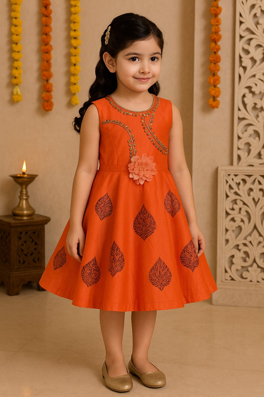 Girls Ethnic Printed Embroidered Dress