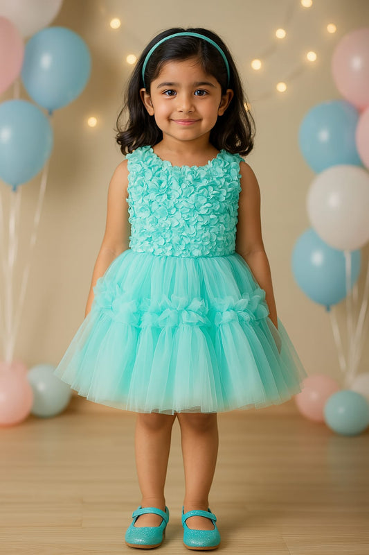 Girls Satin Flower Detailed Net Dress