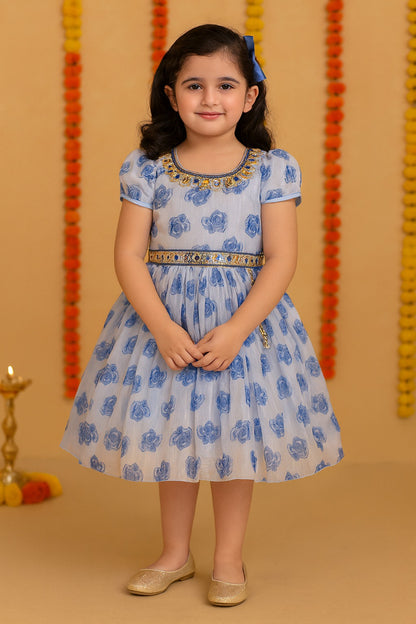 Girls Floral Printed Mirror Embellished Ethnic Dress