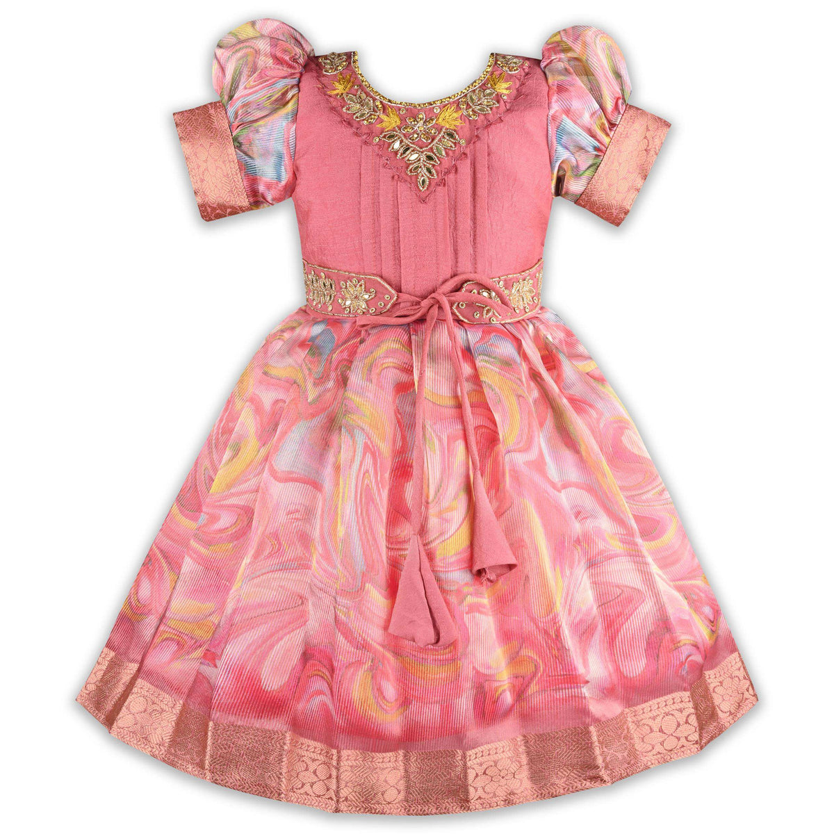Girls Floral Bead Embellished Puff Sleeve Ethnic Dress