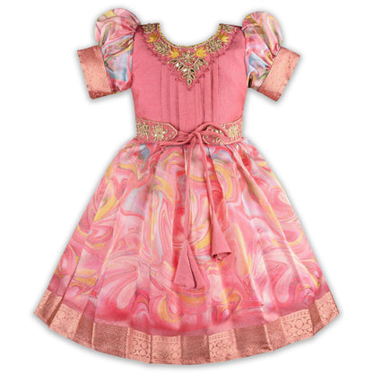 Girls Floral Bead Embellished Puff Sleeve Ethnic Dress