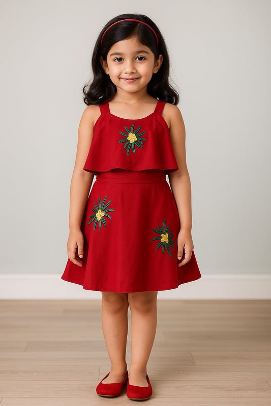 Girls Embroidered A-line Strap Neck dress