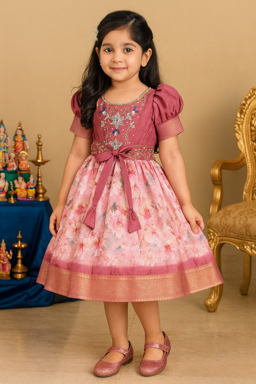 Girls Bead Embellished Zari Border Ethnic Dress