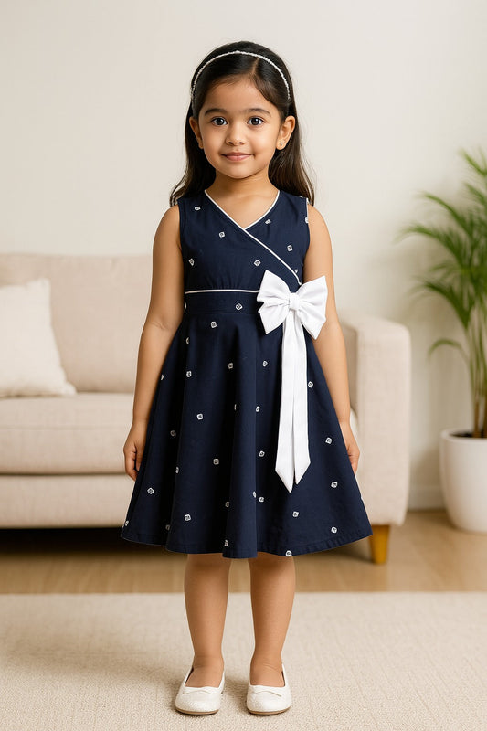 Girls Cotton Polka Printed Bow Summer Dress
