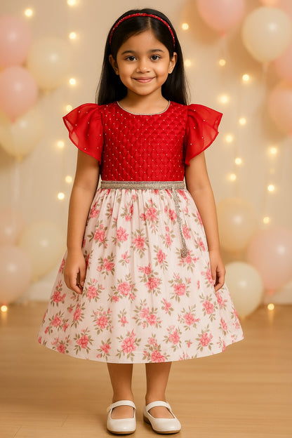 Girls Floral Print Flared Sleeve Fit and Flare Frock Dress