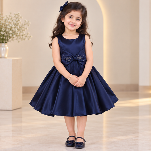 Baby Girls Satin Silk Party Dress with Bow – Blue