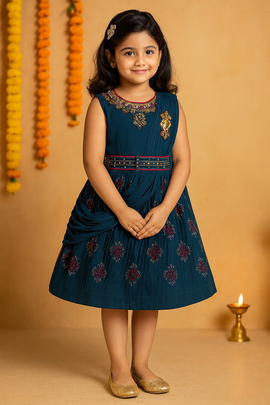 Girls Embellished and Printed Ethnic Dress with Attached Duppata