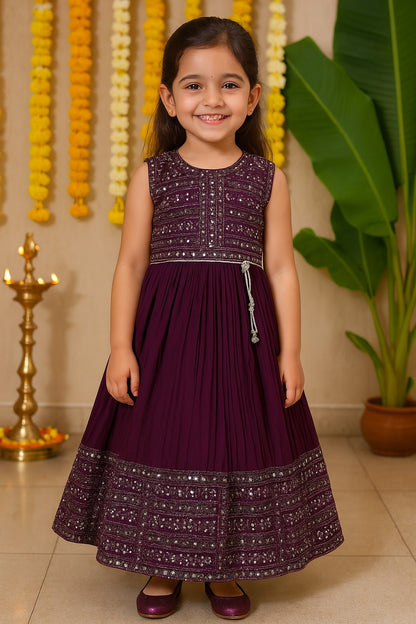 Girls Embellished Fit and Flare Sleeveless Full Length Frock Dress