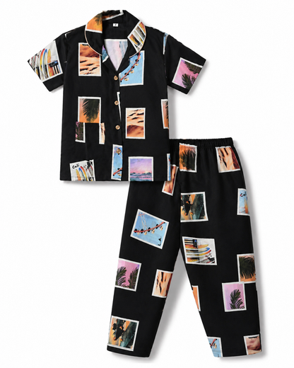 Boys Cotton Printed Night Suit Set – Black Tropical Print