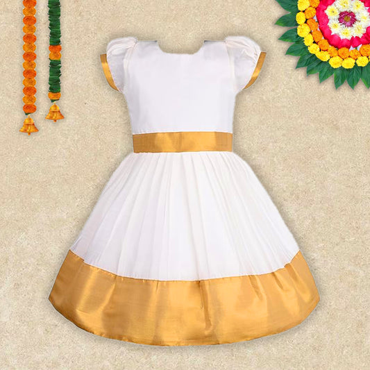 Girls Golden Kasavu Pleated Dress