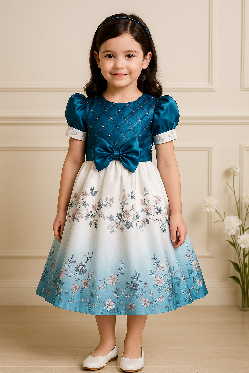 Girls Embellished Floral Print Pleated Party Dress