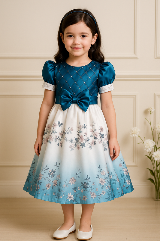 Girls Floral Print Party Dress with Embellishments