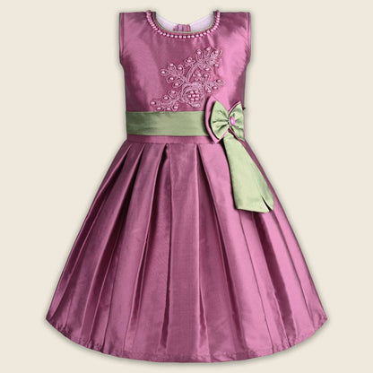 Girls Pleated Bow Pearl Embellished Party Dress