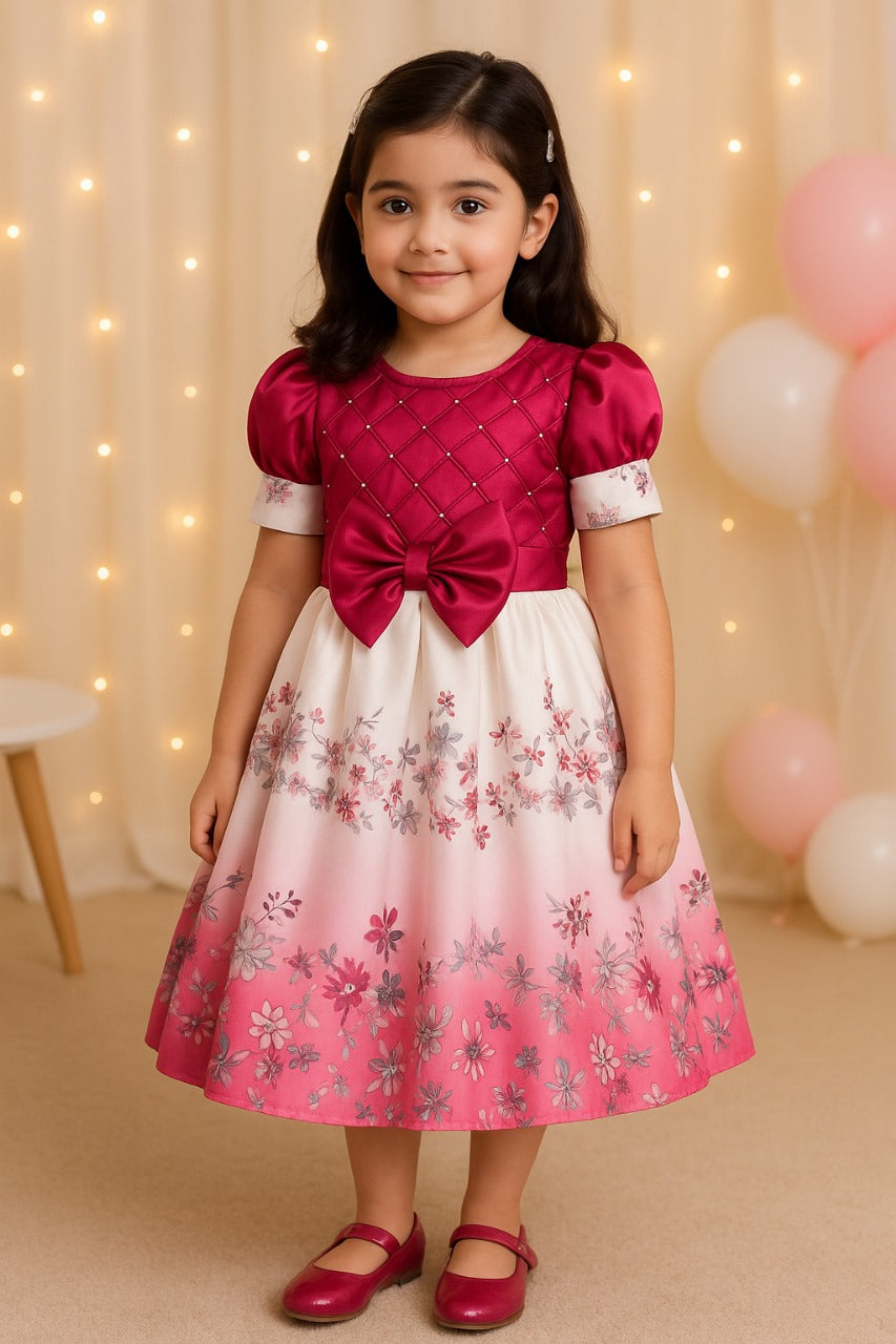 Girls Floral Embellished Bow Detail Pleated Satin Dress