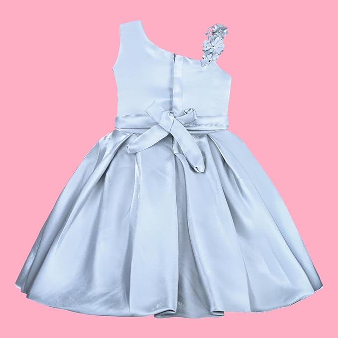 Girls Satin Embellished Flower Detailed Fit and Flare Dress