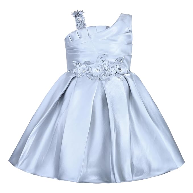 Girls Satin Embellished Flower Detailed Fit and Flare Dress