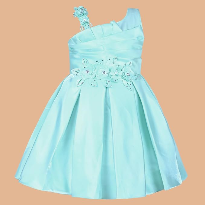 Girls Satin Embellished Flower Detailed Fit and Flare Dress