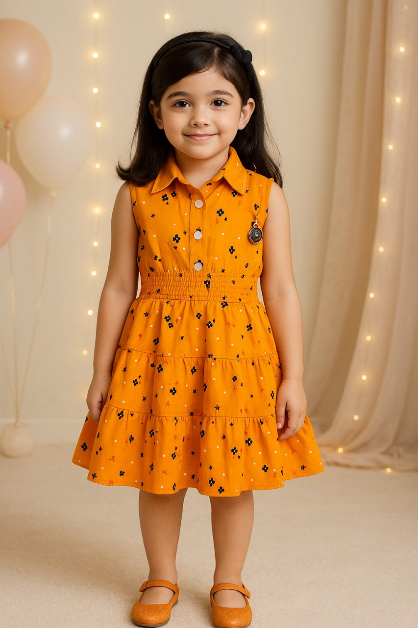 Girls Floral Printed Button Up Collar Summer Casual Dress