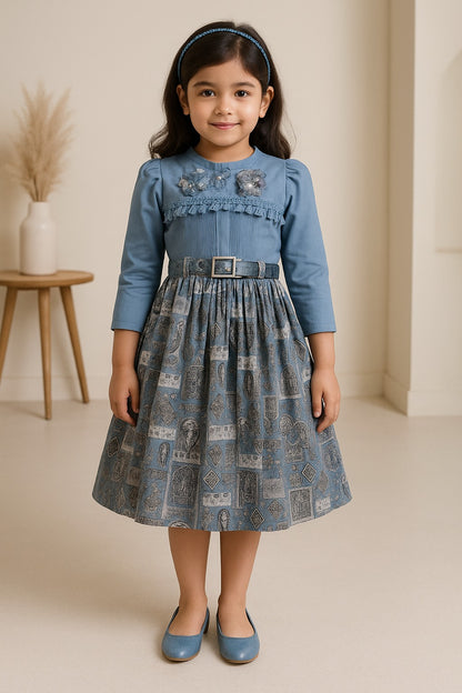 Girls Floral Print Casual Dress with Belt