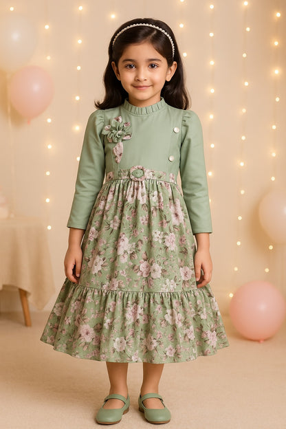 Girls Floral Print 3/4th Sleeve Fit and Flare Frock Dress