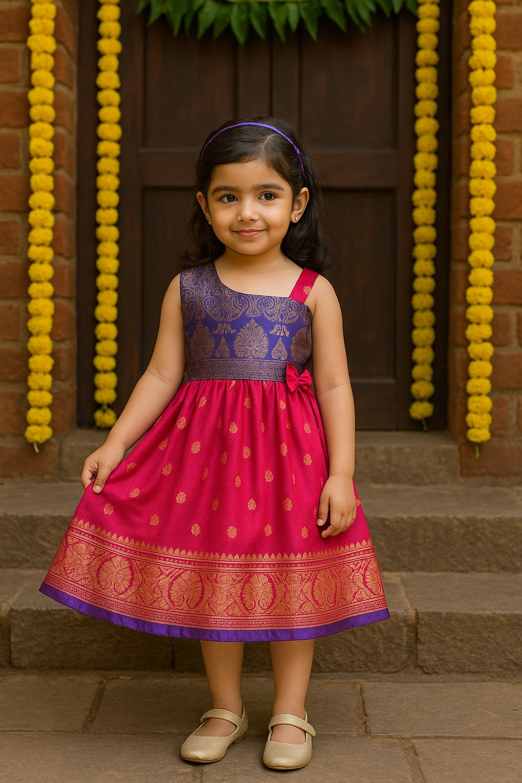Girls Woven Zari One Shoulder Ethnic Dress