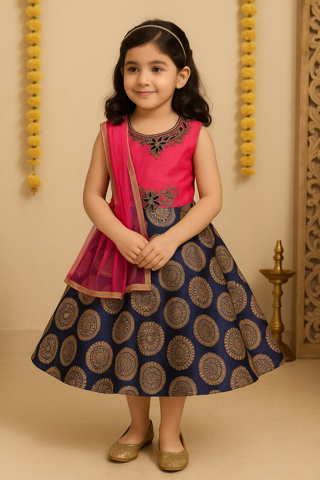 Pink and Navy Blue Ethnic Design Printed Dress