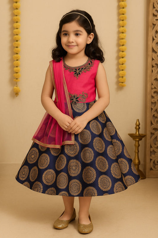Pink and Navy Blue Ethnic Design Printed Dress