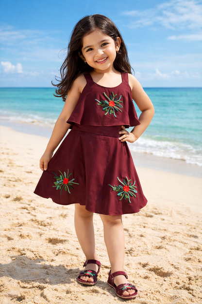 Girls Embroidered A-line Strap Neck dress