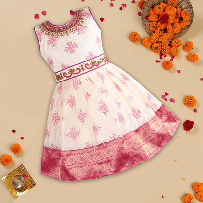 Baby Girls Beaded Woven Zari Border Ethnic Onam Frock Dress