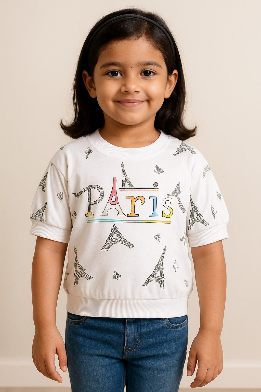 Girls Paris Print Top with Elastic Waist