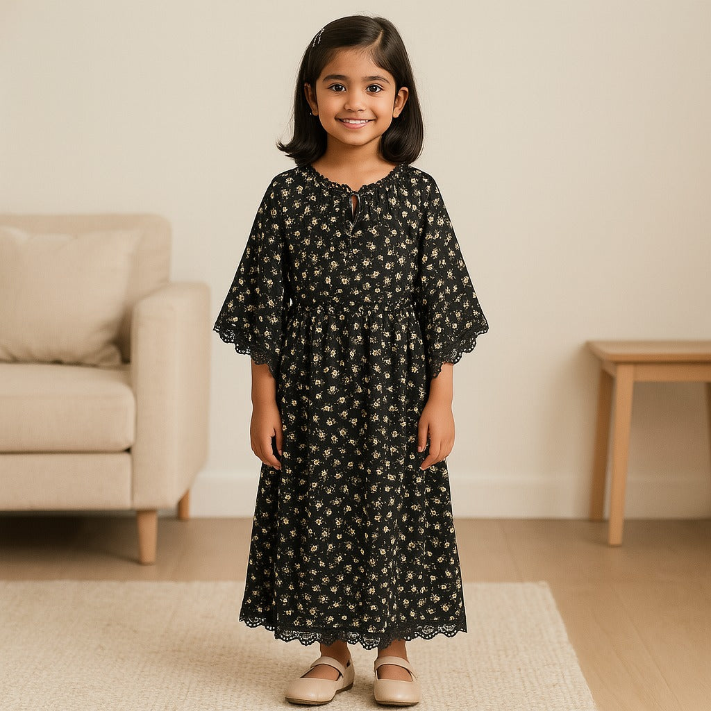 Girls Floral Print Kaftan Style Casual Dress with Lace Detailing
