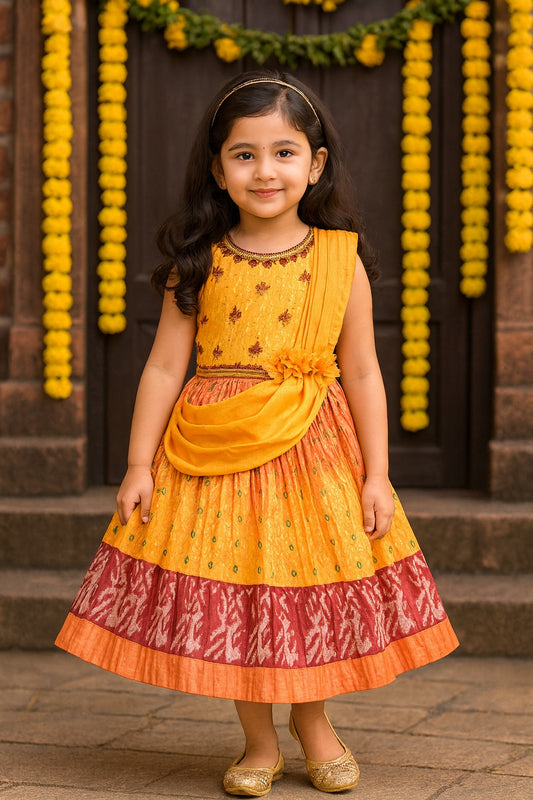 Girls Patola Print Sequin Embroidered Sleeveless Ethnic Dress