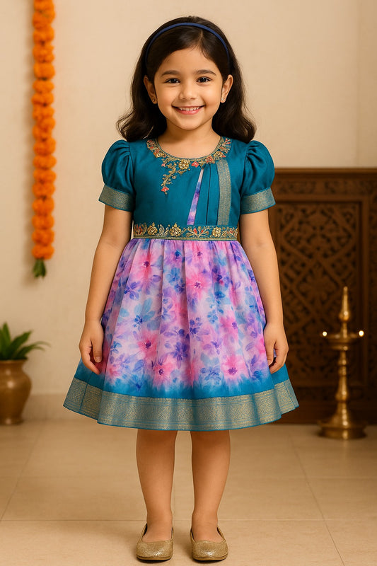Girls Floral Print Bead Embellished Stylish Ethnic Dress